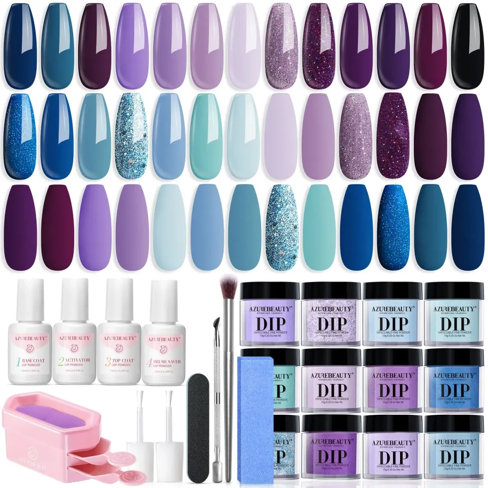 AZUREBEAUTY Dip Powder Nail Kit Starter, 20 Colors Purple Blue Glitter Dipping Powder Recycling Tray Essential Liquid Set Base Top Coat Activator French Dip Nails Art Manicure Beginner Salon 31 Pcs AZUREBEAUTY Dip Powder Nail Kit Starter, 20 Colors Purple Blue Glitter Dipping Powder Recycling Tray Essential Liquid Set Base Top Coat Activator French Dip Nails Art Manicure Beginner Salon 31 Pcs