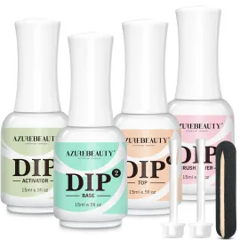 AZUREBEAUTY 4+4pc Dip Powder Liquid Set, 15ml/0.5oz, with Base/Top Coat, Activator, Brush Saver, Nail File - No Lamp Needed