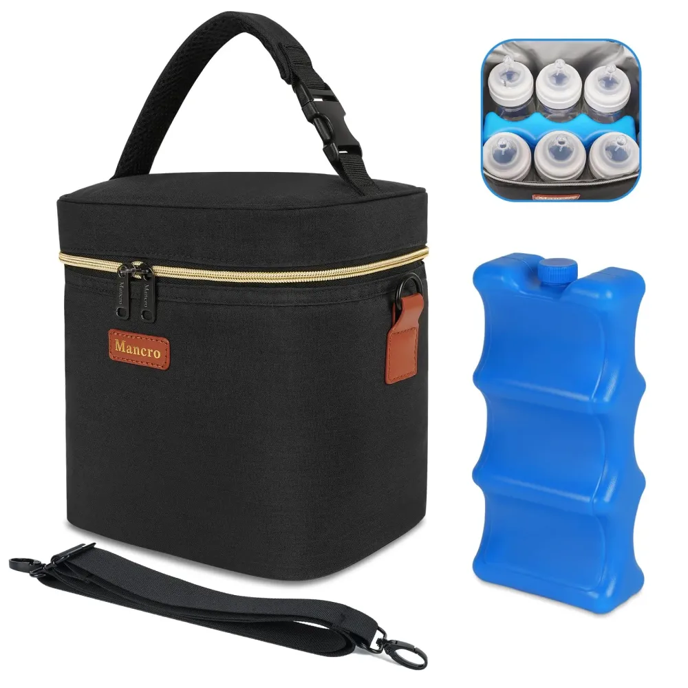 Mancro Breastmilk Cooler Bag with Ice Pack, Fits 6 Baby Bottles Up to 9 Ounce Insulated Bottle Bag, Breast Milk on The go Strap, for Nursing Mom Daycare, Black Mancro Breastmilk Cooler Bag with Ice Pack, Fits 6 Baby Bottles Up to 9 Ounce Insulated Bottle Bag, Breast Milk on The go Strap, for Nursing Mom Daycare, Black