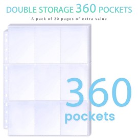 360 Pockets Binder Sleeves Double-Sided 9 Pocket Trading Pages for 3 Ring Binder, Clear Plastic Sleeves for Sport Cards, Business Cards, Game Cards, Photos 360 Pockets Binder Sleeves Double-Sided 9 Pocket Trading Pages for 3 Ring Binder, Clear Plastic Sleeves for Sport Cards, Business Cards, Game Cards, Photos