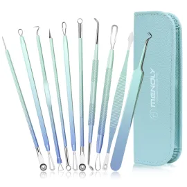 Pimple Popper Tool Kit, MENOLY 10Pcs Blackhead Remover Extractor Tools, Acne Kit for Blackhead,Blemish,Zit Removing, Whitehead Popping and Comedone Extractor Tool with Leather Bag