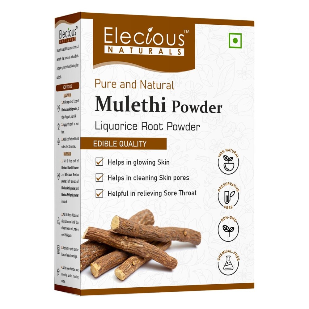 Elecious Mulethi Powder for Face, Hair, Eating, Yashtimadhu Powder, Liquorice (Licorice) Powder for Skin Edible Hair and Skin Care Natural, Preservative-Free 200gm Elecious Mulethi Powder for Face, Hair, Eating, Yashtimadhu Powder, Liquorice (Licorice) Powder for Skin Edible Hair and Skin Care Natural, Preservative-Free 200gm