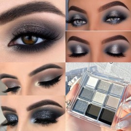 AMY\'S DIARY Black Smokey Silver Glitter Shimmer Eye Eyeshadow Makeup Palette,9 Colors Cool Toned Matte Glitter Make Up Black Radiance Eyeshadow Palette Sombras De Ojos Profesional(A)