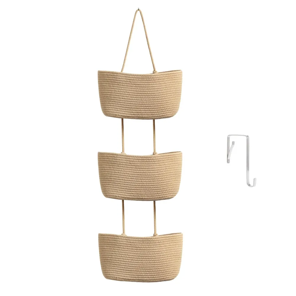 TeoKJ Over the Door Hanging Basket, 3-Tier Woven Cotton Wall-Mounted Storage Organizer Bag Decorative Hanging Nursery Baskets - Jute TeoKJ Over the Door Hanging Basket, 3-Tier Woven Cotton Wall-Mounted Storage Organizer Bag Decorative Hanging Nursery Baskets - Jute