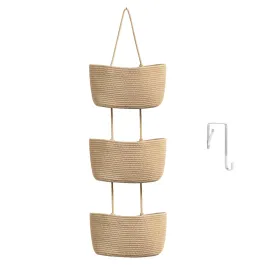 TeoKJ Over the Door Hanging Basket, 3-Tier Woven Cotton Wall-Mounted Storage Organizer Bag Decorative Hanging Nursery Baskets - Jute TeoKJ Over the Door Hanging Basket, 3-Tier Woven Cotton Wall-Mounted Storage Organizer Bag Decorative Hanging Nursery Baskets - Jute
