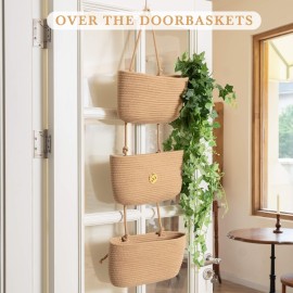 TeoKJ Over the Door Hanging Basket, 3-Tier Woven Cotton Wall-Mounted Storage Organizer Bag Decorative Hanging Nursery Baskets - Jute TeoKJ Over the Door Hanging Basket, 3-Tier Woven Cotton Wall-Mounted Storage Organizer Bag Decorative Hanging Nursery Baskets - Jute