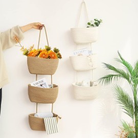 TeoKJ Over the Door Hanging Basket, 3-Tier Woven Cotton Wall-Mounted Storage Organizer Bag Decorative Hanging Nursery Baskets - Jute TeoKJ Over the Door Hanging Basket, 3-Tier Woven Cotton Wall-Mounted Storage Organizer Bag Decorative Hanging Nursery Baskets - Jute