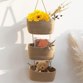 TeoKJ Over the Door Hanging Basket, 3-Tier Woven Cotton Wall-Mounted Storage Organizer Bag Decorative Hanging Nursery Baskets - Jute TeoKJ Over the Door Hanging Basket, 3-Tier Woven Cotton Wall-Mounted Storage Organizer Bag Decorative Hanging Nursery Baskets - Jute