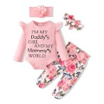 SUNNY PIGGY Baby Girl Clothes Newborn Outfit Infant Winter Fall Letter Print Flower Pants Set Long Sleeve Romper Baby Girl\'s Clothing with Headband 3-6 Months Pink 4PCS