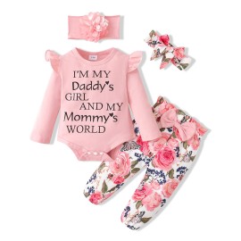 SUNNY PIGGY Baby Girl Clothes Newborn Outfit Infant Winter Fall Letter Print Flower Pants Set Long Sleeve Romper Baby Girl\'s Clothing with Headband 3-6 Months Pink 4PCS