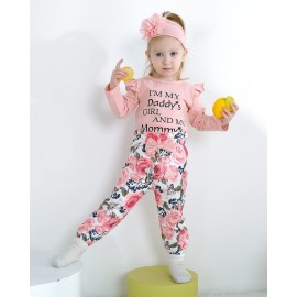 SUNNY PIGGY Baby Girl Clothes Newborn Outfit Infant Winter Fall Letter Print Flower Pants Set Long Sleeve Romper Baby Girl\'s Clothing with Headband 3-6 Months Pink 4PCS