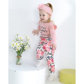 SUNNY PIGGY Baby Girl Clothes Newborn Outfit Infant Winter Fall Letter Print Flower Pants Set Long Sleeve Romper Baby Girl\'s Clothing with Headband 3-6 Months Pink 4PCS