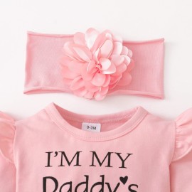 SUNNY PIGGY Baby Girl Clothes Newborn Outfit Infant Winter Fall Letter Print Flower Pants Set Long Sleeve Romper Baby Girl\'s Clothing with Headband 3-6 Months Pink 4PCS