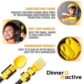 Dinneractive Utensil Set for Kids - Construction Themed Toddler Forks and Spoons, Toddler Utensils - 2-Piece Set - Yellow Construction Utensils For Toddlers - Loader & Tractor Toddler Spoons and Forks