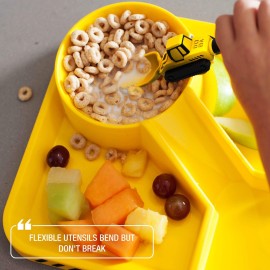 Dinneractive Utensil Set for Kids - Construction Themed Toddler Forks and Spoons, Toddler Utensils - 2-Piece Set - Yellow Construction Utensils For Toddlers - Loader & Tractor Toddler Spoons and Forks