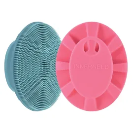 INNERNEED Silicone Face Scrubber, Exfoliating Brush Manual Handheld Facial Cleansing Brush Blackhead Remover, Food-Grade Soft Bristles (Dark Green+Pink)
