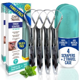 GuruNanda Tongue Scraper for Adults (4-Pack) with Travel Case, 420 Medical Grade Stainless Steel, Aids in Fresh Breath & Oral Care - Travel-Friendly GuruNanda Tongue Scraper for Adults (4-Pack) with Travel Case, 420 Medical Grade Stainless Steel, Aids in Fresh Breath & Oral Care - Travel-Friendly