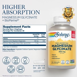 SOLARAY Magnesium Glycinate Capsules, Chelated Magnesium Bisglycinate w/BioPerine, Higher Absorption Magnesium Supplement - Bones, Muscles, Heart Support, Vegan (30 Servings, 120 VegCaps) SOLARAY Magnesium Glycinate Capsules, Chelated Magnesium Bisglycinate w/BioPerine, Higher Absorption Magnesium Supplement - Bones, Muscles, Heart Support, Vegan (30 Servings, 120 VegCaps)