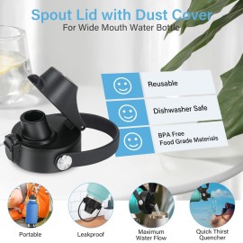 EIPOSAU Auto Flip Lid for Hydro Flask Wide Mouth, Great Spout Lid for Simple Modern, Fits for Iron Flask and Other Brands, Replacement Lid with Button Lock, Black