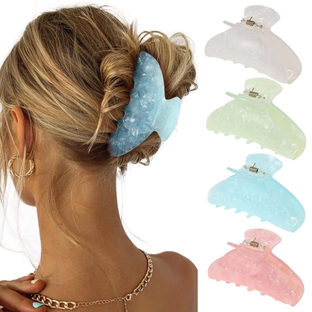 4Pcs Large Acrylic Hair Claw Clips - Hair Clips with Strong Hold for Thick Hair, Non-slip Banana Barrettes for Women Girls (Shell: light green/white/pink/blue) 4Pcs Large Acrylic Hair Claw Clips - Hair Clips with Strong Hold for Thick Hair, Non-slip Banana Barrettes for Women Girls (Shell: light green/white/pink/blue)