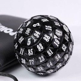 Poludie 100 Sided Polyhedral Dice, Single D100 Game Dice, 100 Sided Cube with Black Pouch, D100 Dice 48 mm (Black with White Number)