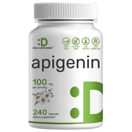 Apigenin, 100mg Per Serving, 240 Capsules - Raw Plant Extract from Chamomile Flower - Active Bioflavonoids & Antioxidants - Sleep & Relaxation Supplement - Non-GMO