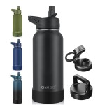 CIVAGO 32 oz Insulated Water Bottle With Straw, Stainless Steel Sports Water Cup Flask with 3 Lids (Straw, Spout and Handle Lid), Wide Mouth Travel Thermal Mug, Black
