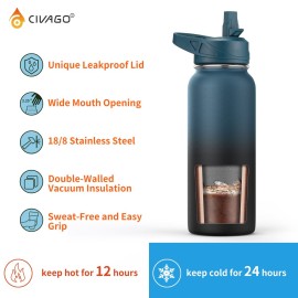 CIVAGO 32 oz Insulated Water Bottle With Straw, Stainless Steel Sports Water Cup Flask with 3 Lids (Straw, Spout and Handle Lid), Wide Mouth Travel Thermal Mug, Black