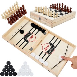 HELLO PAPAYA Foldable Fast Sling Puck Game with Chess Board and Checkers Board, Tic Tac Toe. Wooden Air Hockey Family Night,Table Games Gifts for Adults and Kids