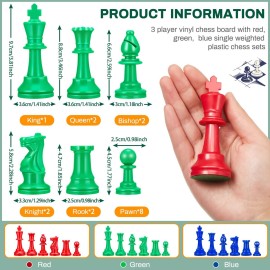 Three Player Chess Set - 48 Colored 3D Weighted Pieces & 24 Inch PU Leather Board - Adults Game