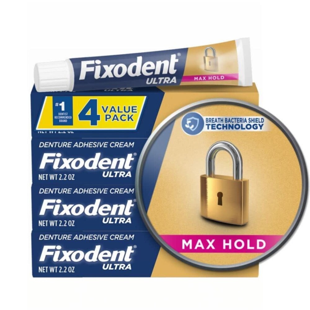 Fixodent Ultra Max Hold Secure Denture Adhesive Cream for Full and Partial Denture Wearers, 2.2oz (Pack of 4) Fixodent Ultra Max Hold Secure Denture Adhesive Cream for Full and Partial Denture Wearers, 2.2oz (Pack of 4)