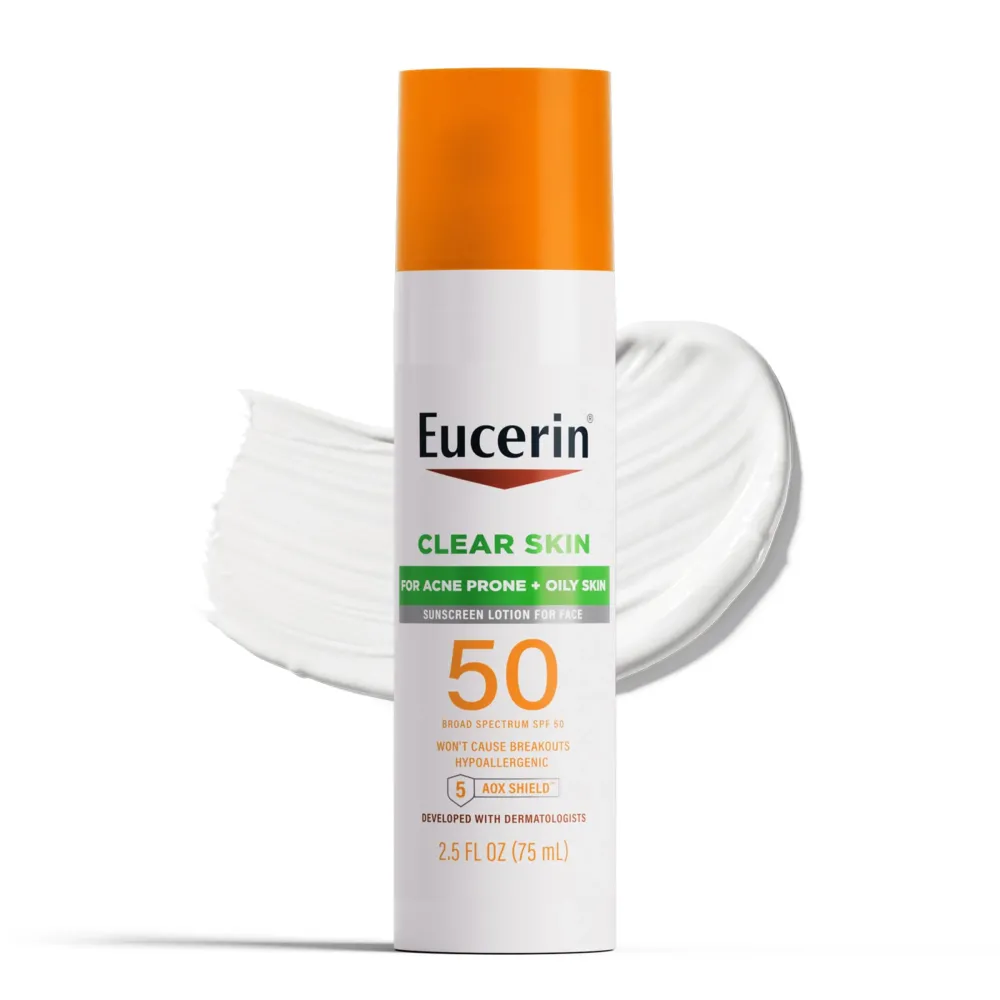 Eucerin Sun Clear Skin Face Sunscreen Lotion SPF 50 for Acne Prone Skin, Hypoallergenic, Fragrance Free Sunscreen SPF 50 with Oil-Absorbing Minerals, 2.5 Fl Oz Bottle Eucerin Sun Clear Skin Face Sunscreen Lotion SPF 50 for Acne Prone Skin, Hypoallergenic, Fragrance Free Sunscreen SPF 50 with Oil-Absorbing Minerals, 2.5 Fl Oz Bottle