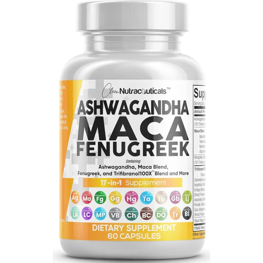 Clean Nutraceuticals Ashwagandha Maca Root Fenugreek Supplement with Tongkat Ali Ginseng - Assists with Stress, Mood & Thyroid - Ashwagandha Capsules Fenugreek Caps - 1 Pack Clean Nutraceuticals Ashwagandha Maca Root Fenugreek Supplement with Tongkat Ali Ginseng - Assists with Stress, Mood & Thyroid - Ashwagandha Capsules Fenugreek Caps - 1 Pack