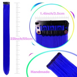 GPOVVIMX 12 PCS Blue Hair Extensions Clip in, Colored Party Highlights Extension for Kids Girls Synthetic Hairpiece Straight 22 inch