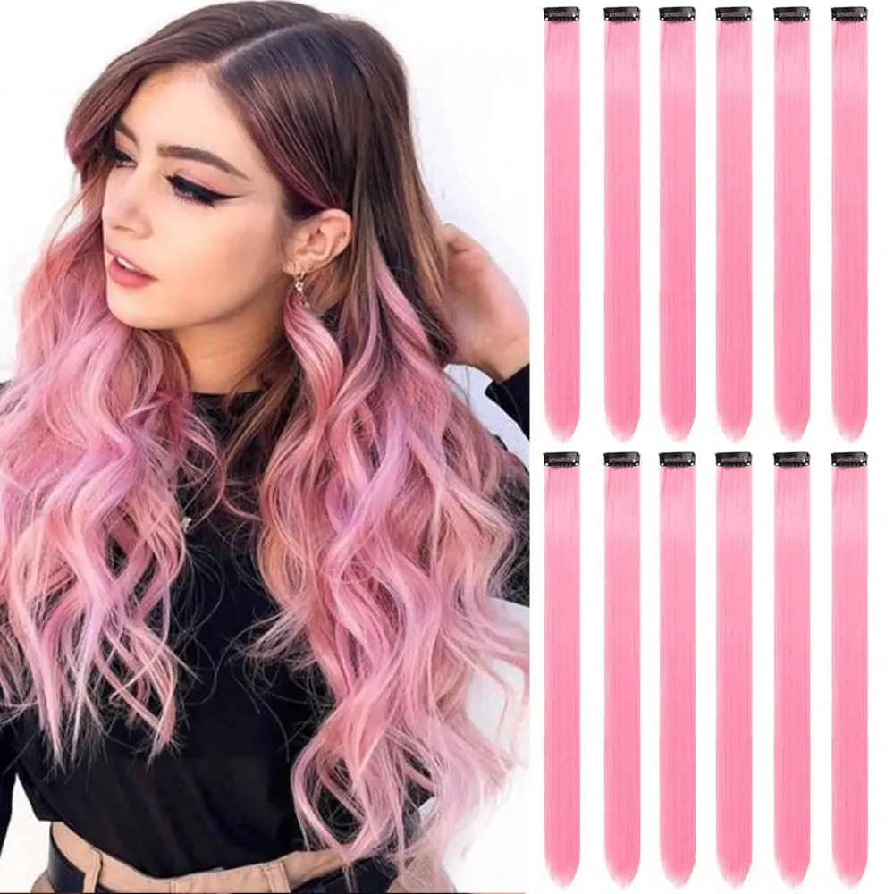 12 PCS Pink Hair Extensions Clip in, Colored Party Highlights Extension for Kids Girls Synthetic Hairpiece Straight 22 inch 12 PCS Pink Hair Extensions Clip in, Colored Party Highlights Extension for Kids Girls Synthetic Hairpiece Straight 22 inch