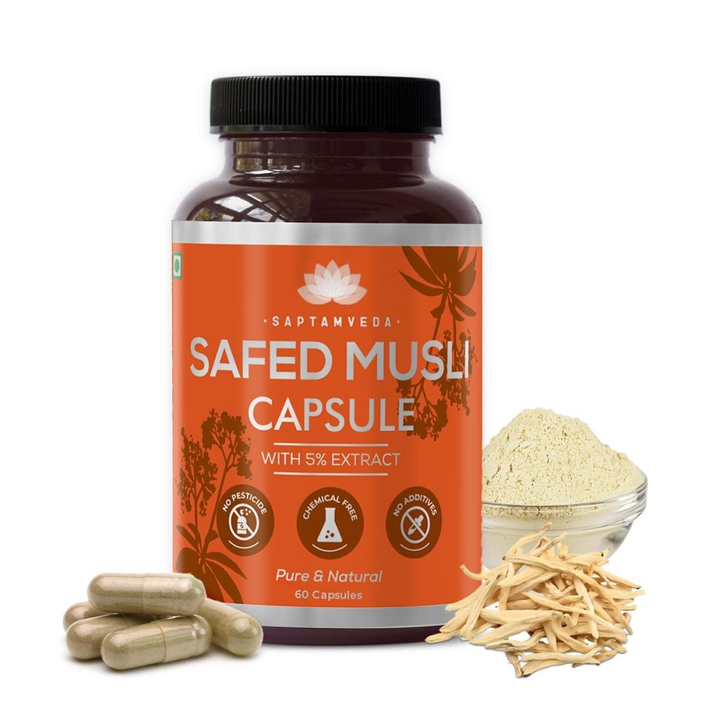SAPTAMVEDA Natural Safed Musli Veg Capsules, 500MG Each with Extract 60 Capsules (Pack of 1) SAPTAMVEDA Natural Safed Musli Veg Capsules, 500MG Each with Extract 60 Capsules (Pack of 1)