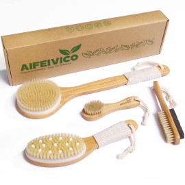 AIFEIVICO Natural Boar Bristle Dry Brush - Exfoliating Body, Face & Foot Brush, Long Handle Back Scrubber, Meridian Pressure for Lymphatic Drainage & Cellulite