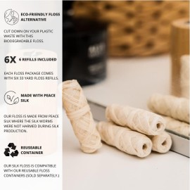 Biodegradable Silk Dental Floss Refill - Six Pack - Organic Natural Dental Floss, Refillable, Compostable Peace Silk Dental Floss Refills - 6 x 33 Yards - Eco-Friendly Mint Candelilla Wax Biodegradable Silk Dental Floss Refill - Six Pack - Organic Natural Dental Floss, Refillable, Compostable Peace Silk Dental Floss Refills - 6 x 33 Yards - Eco-Friendly Mint Candelilla Wax