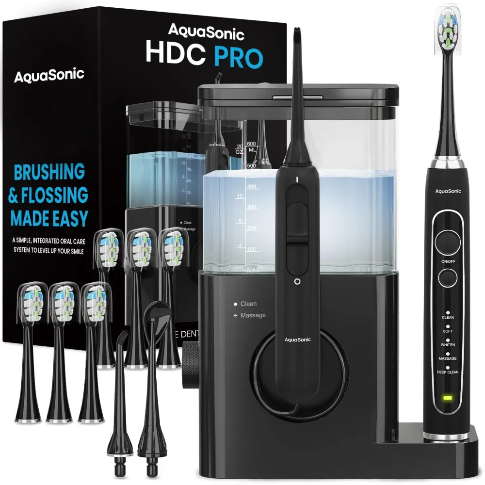 AquaSonic Home Dental Center PRO - Brushing & Flossing Made Easy - Brush & Floss - Power Toothbrush & Water Flosser - Whiter Teeth & Healthier Gums - Black Series Pro+Oral Irrigator AquaSonic Home Dental Center PRO - Brushing & Flossing Made Easy - Brush & Floss - Power Toothbrush & Water Flosser - Whiter Teeth & Healthier Gums - Black Series Pro+Oral Irrigator