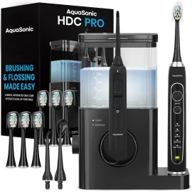 AquaSonic Home Dental Center PRO - Brushing & Flossing Made Easy - Brush & Floss - Power Toothbrush & Water Flosser - Whiter Teeth & Healthier Gums - Black Series Pro+Oral Irrigator