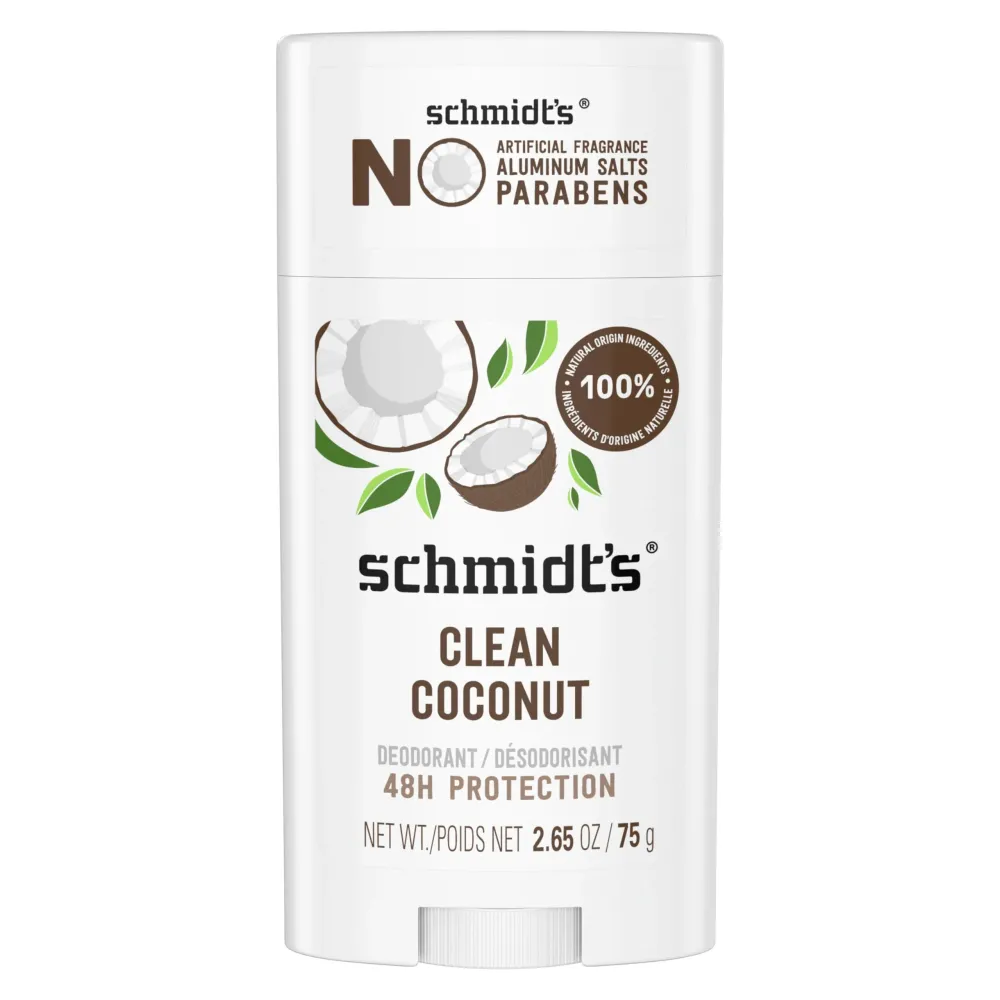 Schmidt\'s Aluminum-Free Vegan Deodorant Clean Coconut for Women and Men, with 24 Hour Odor Protection, Natural Ingredients, Cruelty-Free, 2.65 oz