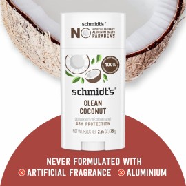 Schmidt\'s Aluminum-Free Vegan Deodorant Clean Coconut for Women and Men, with 24 Hour Odor Protection, Natural Ingredients, Cruelty-Free, 2.65 oz