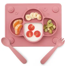 ROCCED Suction Plates for Baby Placemat Spoon Fork Set for Toddlers, Silicone Baby Plates with Suction Baby Dishes for Kids Plates-pale mauve