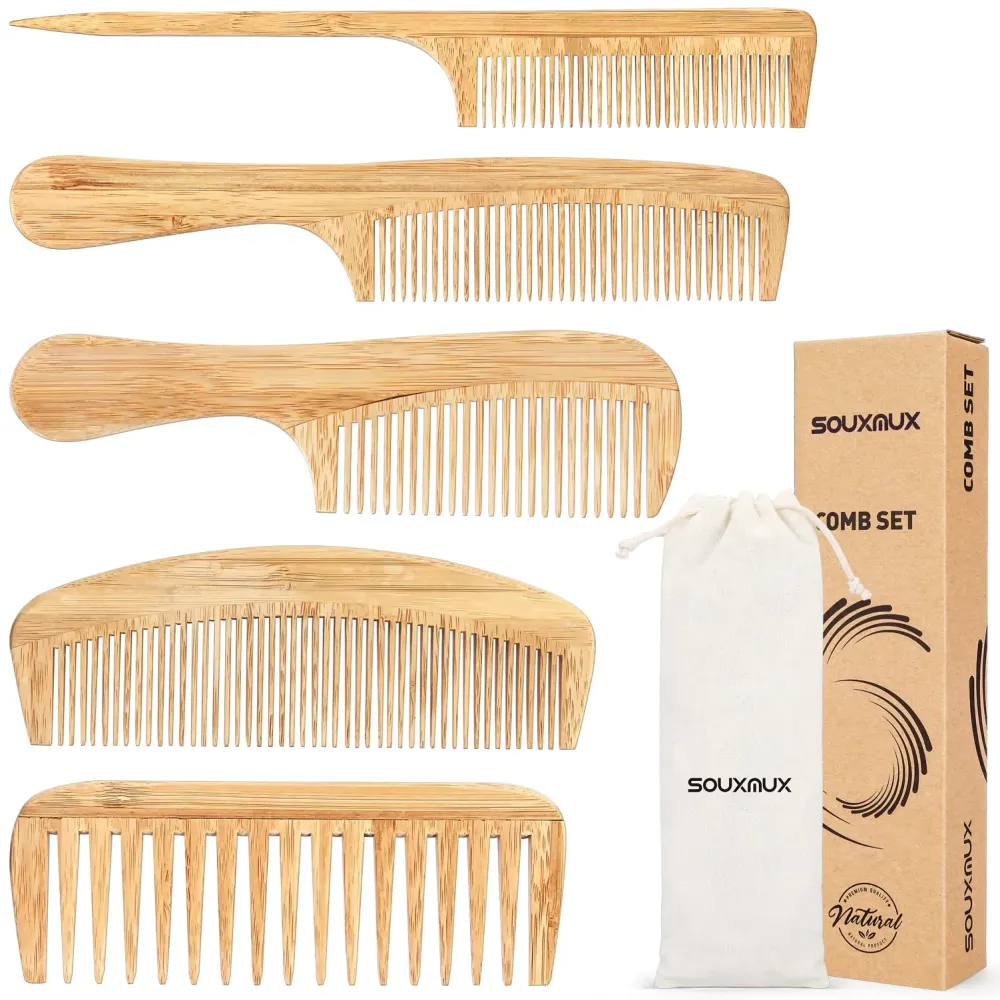 5 Pcs Natural Handmade Bamboo Anti-Static Combs Set - Wide Tooth, Rat Tail and Fine Tooth for Long, Short, Thick, Thin, Wavy or Curly Hair Detangling (Natural) 5 Pcs Natural Handmade Bamboo Anti-Static Combs Set - Wide Tooth, Rat Tail and Fine Tooth for Long, Short, Thick, Thin, Wavy or Curly Hair Detangling (Natural)