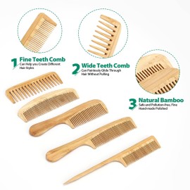 5 Pcs Natural Handmade Bamboo Anti-Static Combs Set - Wide Tooth, Rat Tail and Fine Tooth for Long, Short, Thick, Thin, Wavy or Curly Hair Detangling (Natural) 5 Pcs Natural Handmade Bamboo Anti-Static Combs Set - Wide Tooth, Rat Tail and Fine Tooth for Long, Short, Thick, Thin, Wavy or Curly Hair Detangling (Natural)