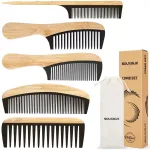 5 Pcs Handmade Bamboo Anti-Static Comb Set for Women and Men - Wide Tooth, Rat Tail, and Fine Tooth Combs for Long, Short, Thick, Thin, Wavy, and Curly Hair Detangling (Natural + Black)