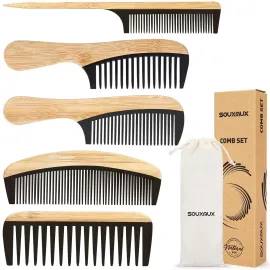 5 Pcs Handmade Bamboo Anti-Static Comb Set for Women and Men - Wide Tooth, Rat Tail, and Fine Tooth Combs for Long, Short, Thick, Thin, Wavy, and Curly Hair Detangling (Natural + Black)