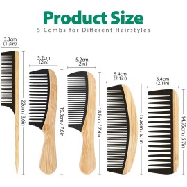 5 Pcs Handmade Bamboo Anti-Static Comb Set for Women and Men - Wide Tooth, Rat Tail, and Fine Tooth Combs for Long, Short, Thick, Thin, Wavy, and Curly Hair Detangling (Natural + Black)