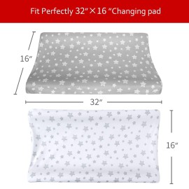 Changing Pad Cover for Boys Girls 2 Pack, Lovely Print Soft Unisex Diaper Change Table Sheets, Fit 32x16 Contoured Pad, Comfy Cozy 2-Pack Cradle Sheets, Grey & White