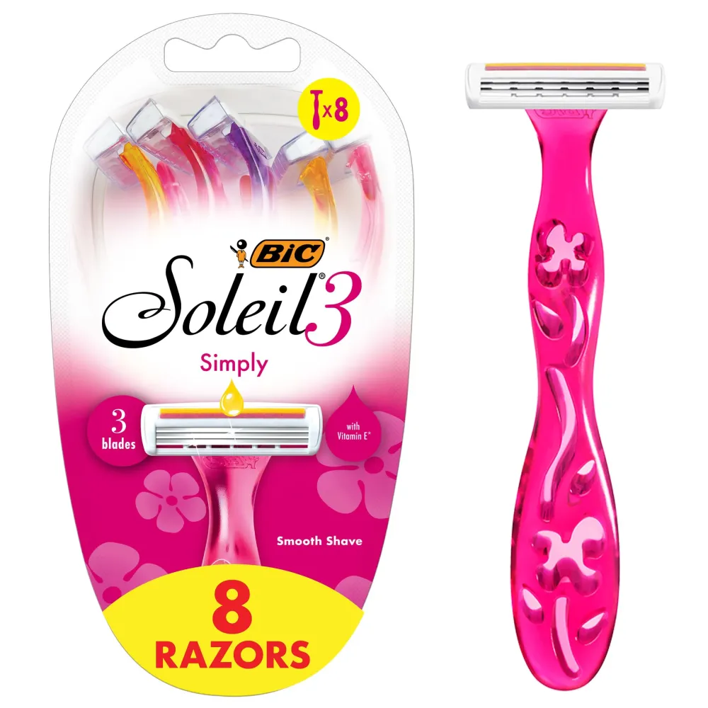 BIC Soleil Simply Smooth Women\'s Disposable Razors, 3 Blades With Moisture Strip For a Silky Smooth Shave, 8 Piece Razor Set